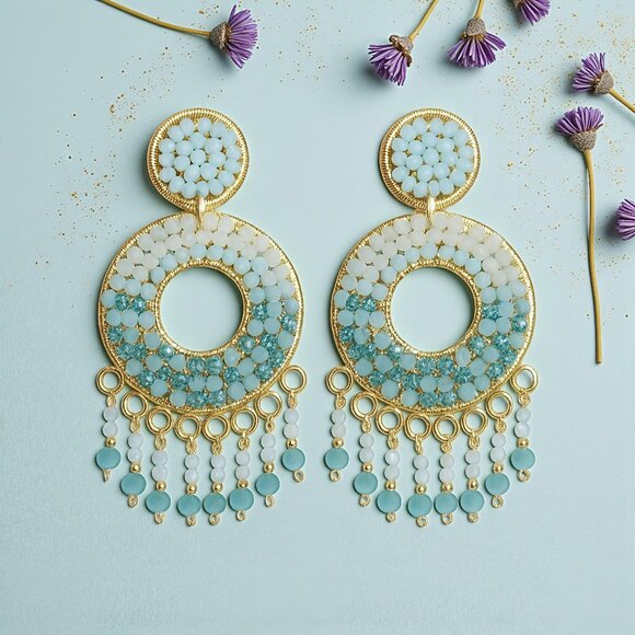 🆕Boho Chic Colombian Handmade Crystal Beaded Gold Plated Statement Earrings - Picture 9 of 11